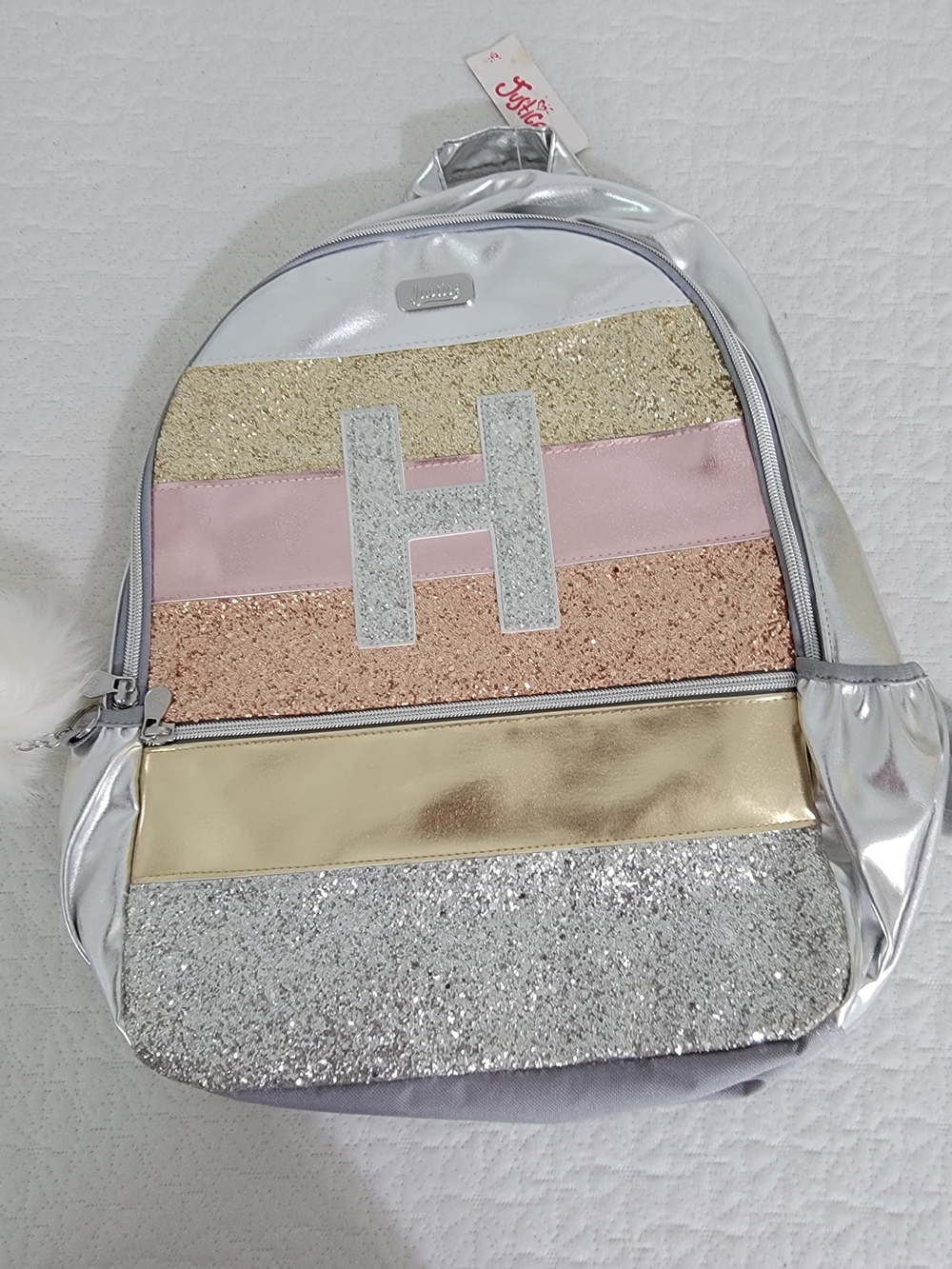 Justice Girls Glitter Stripe Backpack - Silver, Gold, Pink